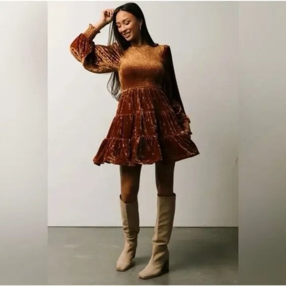 Baltic Born Kele Crushed Velvet Copper Smocked Tiered Mini Dress NWT Small